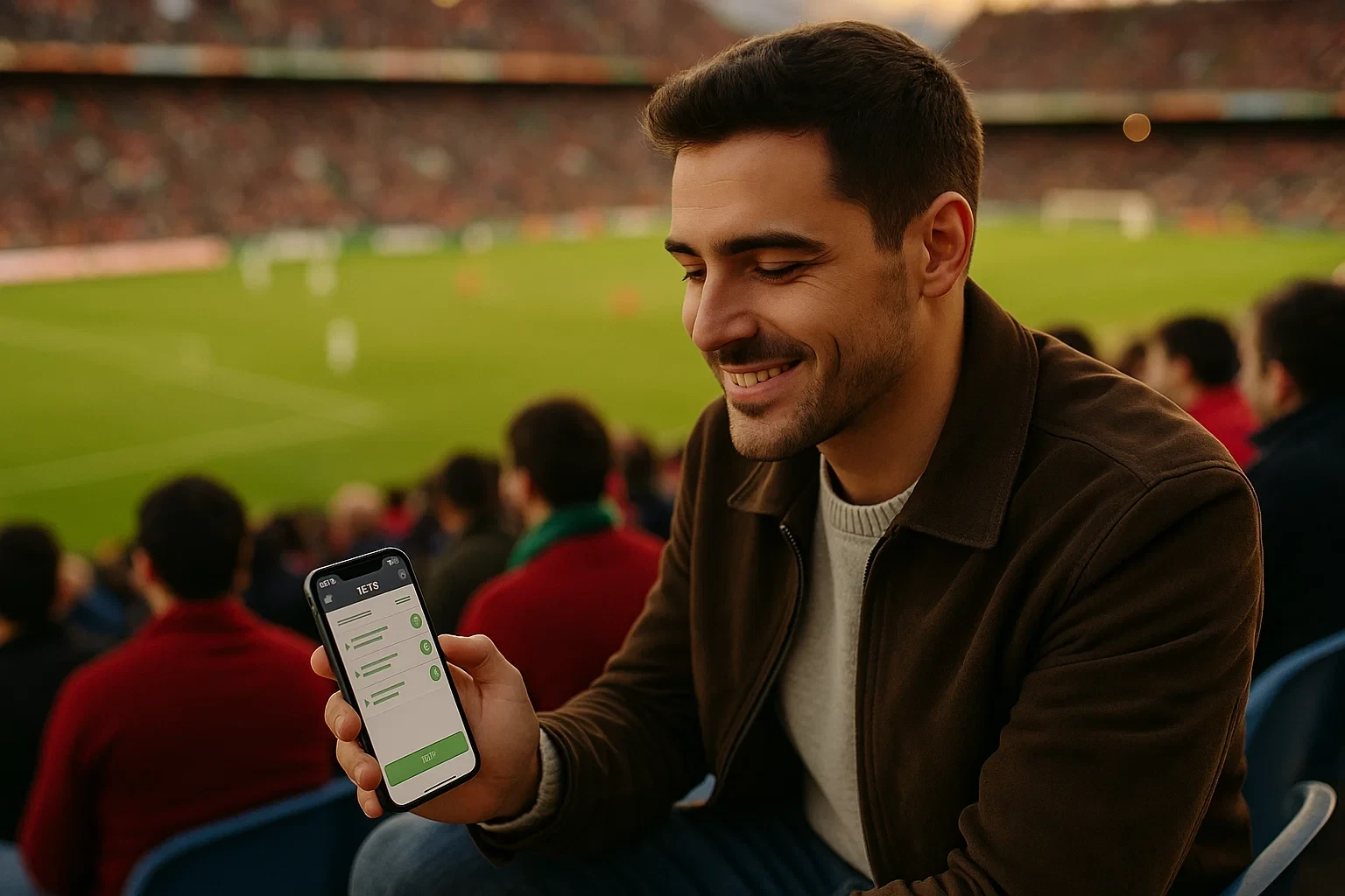 Apostador a utilizar smartphone para trading no estádio