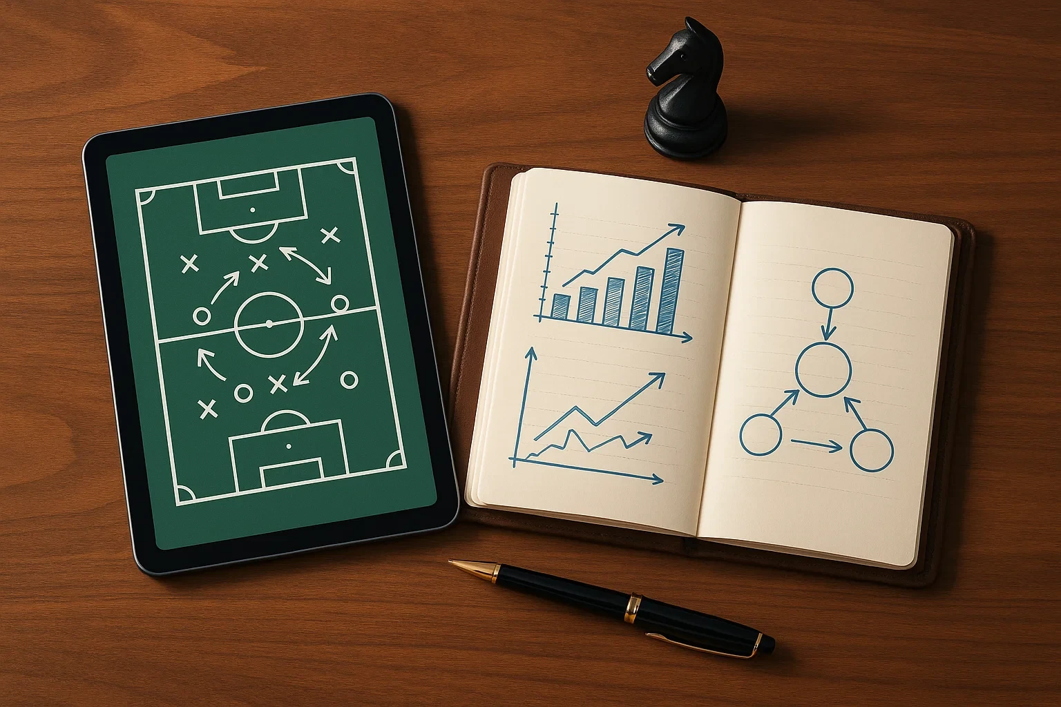 Vista superior de uma mesa com tablet mostrando diagrama tático de futebol, caderno de notas e peça de xadrez simbolizando estratégia