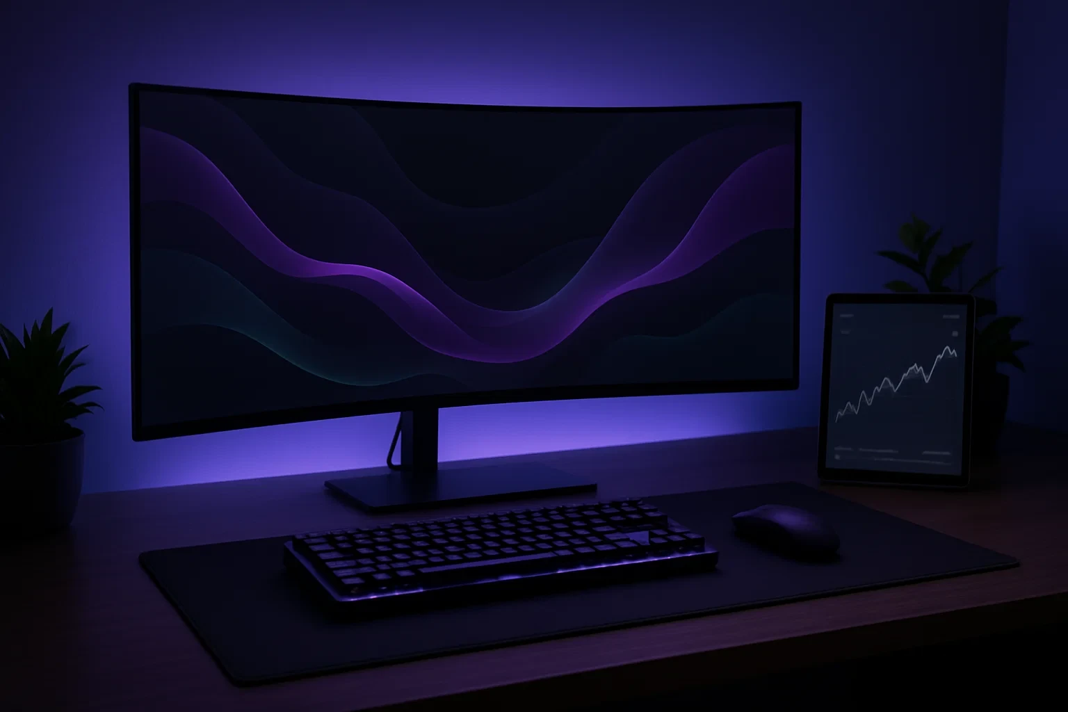 Setup de trading profissional com monitor ultrawide curvo mostrando interface de análise, teclado mecânico com iluminação roxa e ambiente tecnológico moderno