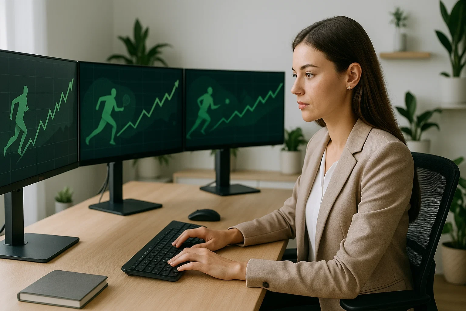 Trader profissional feminina a analisar gráficos e dados desportivos em múltiplos monitores ultrawide